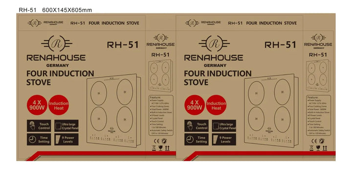 Estufa De Inducción 4 Puestos Empotrable 4x900w 9 Niveles Negro