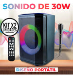 Set x2 Bafles Recargables 8" 30W Con Micrófono, Radio FM, Luces LED y Bluetooth Sonido Potente y Portátil Ideal Para Fiestas, Reuniones o Eventos en Casa o al Aire Libre