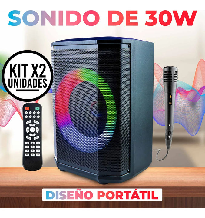 Set x2 Bafles Recargables 8" 30W Con Micrófono, Radio FM, Luces LED y Bluetooth Sonido Potente y Portátil Ideal Para Fiestas, Reuniones o Eventos en Casa o al Aire Libre
