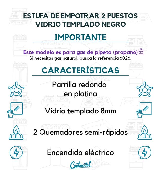 Estufa De Empotrar Vidrio Templado 2pt Gas Propano 6040