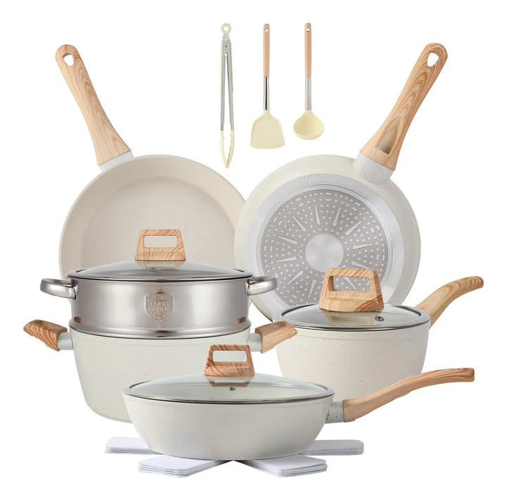 Juego De Ollas Y Sartenes Antiadherentes 16 Piezas Blancas