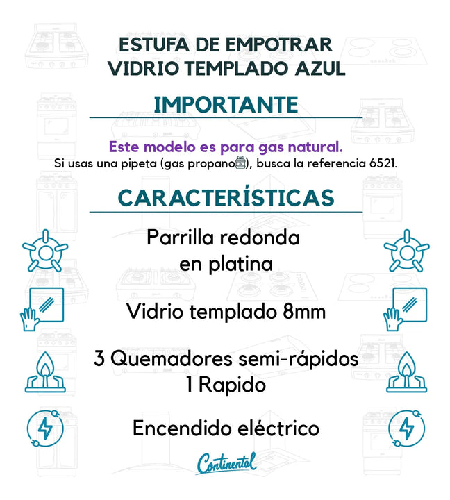 Estufa De Empotrar Vidrio Templado 62x52cm Gas Natural 6507 Azul