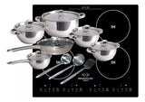 Estufa De Induccion 4 Puestos Empotrable + Bateria 15 Piezas Negro/plateado
