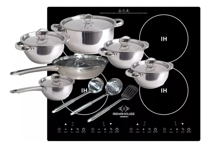 Estufa De Induccion 4 Puestos Empotrable + Bateria 15 Piezas Negro/plateado