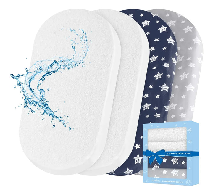 Juego De 4 Sábanas Y Protector De Colchón De Moisés Gris Azu