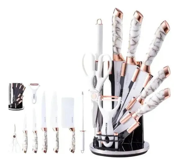 Set De Cuchillos De Cocina Artesanales Con Base Organizadora Mármol