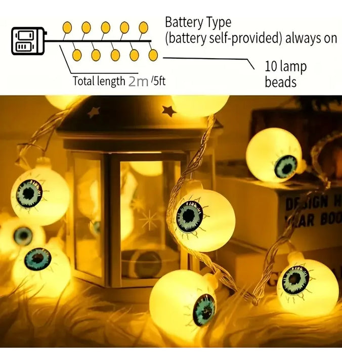 Guirnalda 10 Led Halloween Ojos Blanco Extension 2mt Pilas