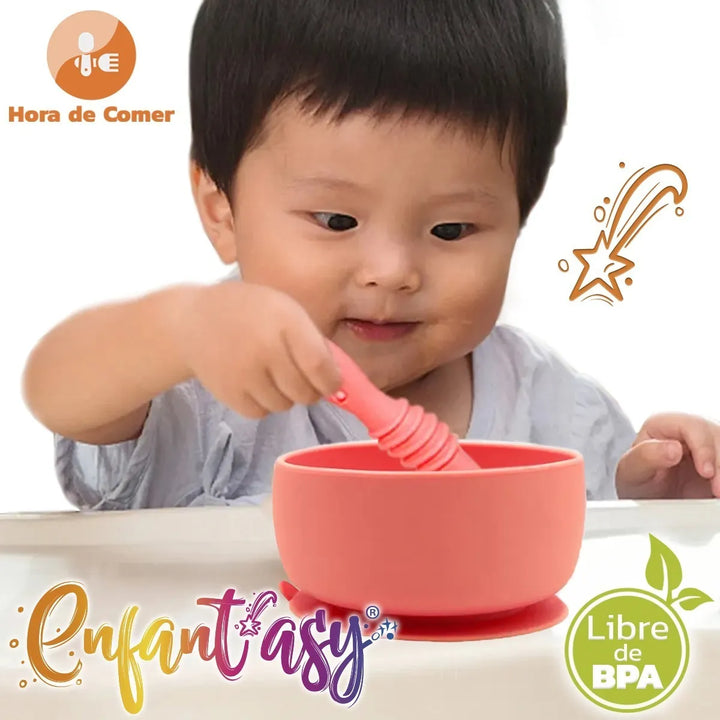 Bowl De Silicona Con Ventosa Y Cuchara Libre De Bpa Color Salmón