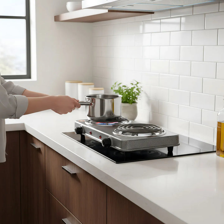 Fogon Estufa Electrica Portatil Gris Negro Cafe 2 Puestos Quemadores Potencia 2000w Cocina Compacta Resistente Hogar Oficina Viajes Camping Practica Rapida Segura Limpieza Sencilla