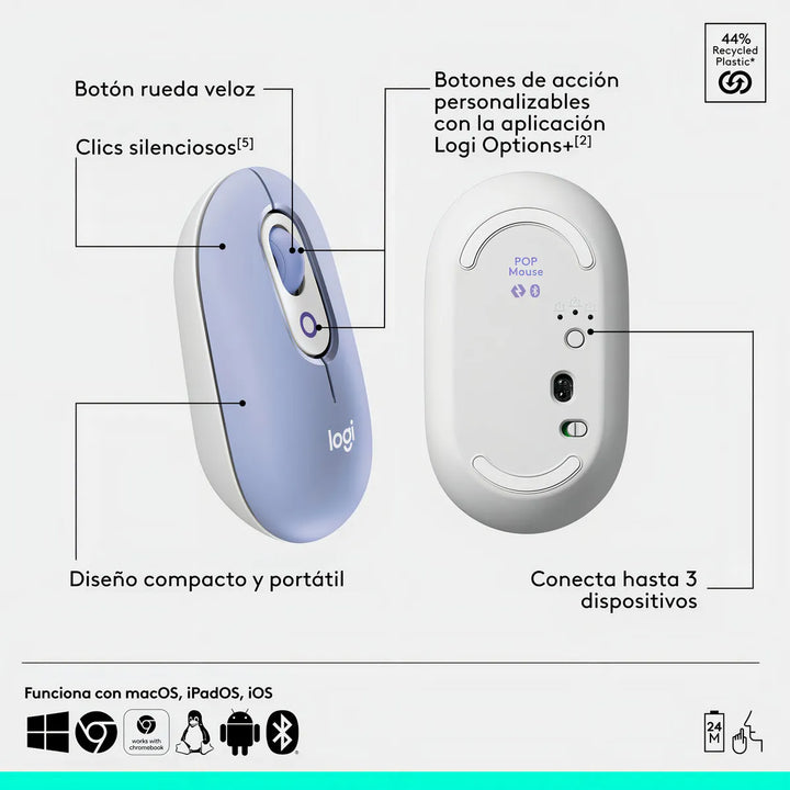 Logitech Pop Icon, Combo Teclado Y Mouse Bluetooth, Lila Mouse Lavanda Teclado Lavanda