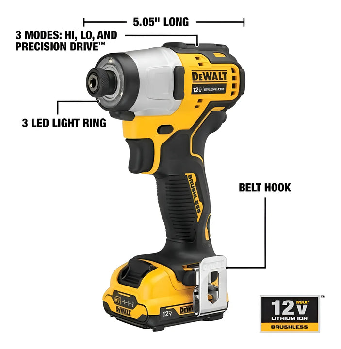 Dewalt Kit De Taladro De Impacto Inalámbrico 12v Sin Escobas Amarillo Dcd801f2