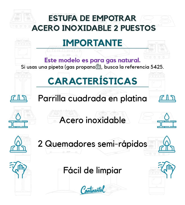 Estufa De Empotrar Acero Inoxidable 2pt Gas Propano 5425 Gris