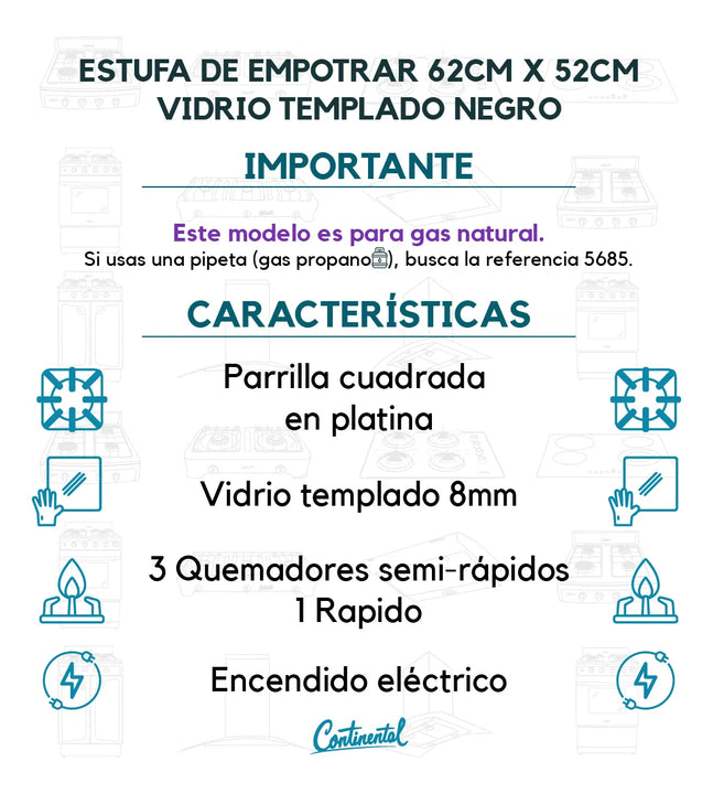 Estufa De Empotrar Vidrio Templado Gas Natural Color Negro