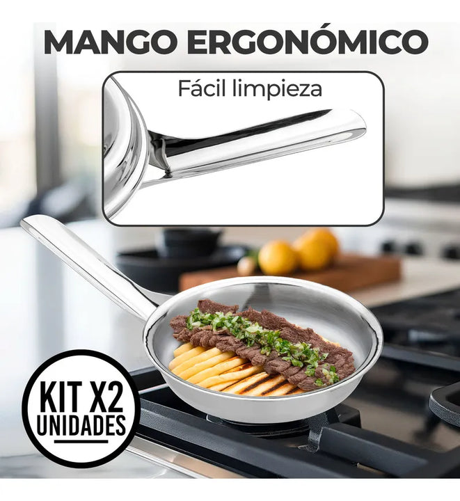 Set x2 Sartenes de Acero Quirúrgico 18/10 con Tapa, Cocina Gourmet Saludable, Alta Durabilidad, Antiadherente Natural sin Revestimientos, Apta para Todo Tipo de Estufas