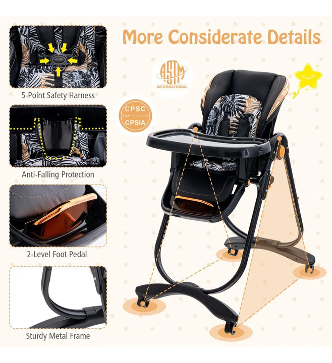 Silla Alta Plegable Ajustable Con Ruedas Para Bebés Negro