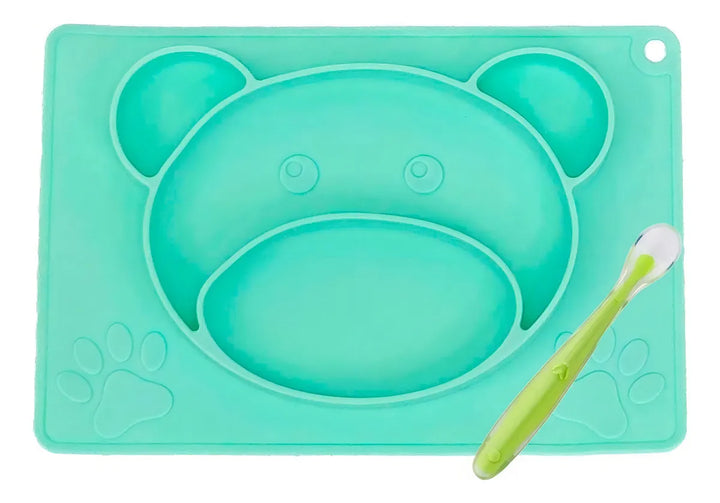 Plato Silicona Libre Bpa Antideslizante + Cuchara Silicona Color Oso Verde