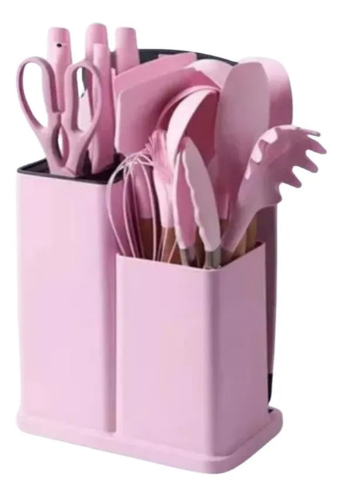 Set Utensilios Cocina Siliconados X 19 Pcs Color Rosa