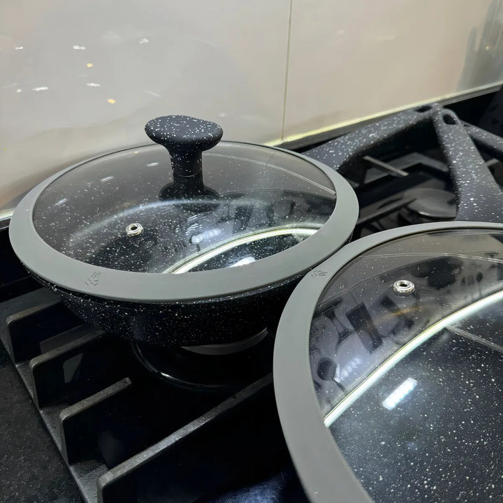 Juego De Sartenes En Mármol Renahouse Tapa De Vidrio 6 Pcs Color Negro