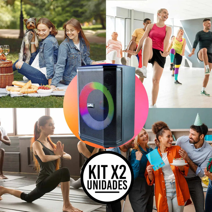 Set x2 Bafles Recargables 8" 30W Con Micrófono, Radio FM, Luces LED y Bluetooth Sonido Potente y Portátil Ideal Para Fiestas, Reuniones o Eventos en Casa o al Aire Libre