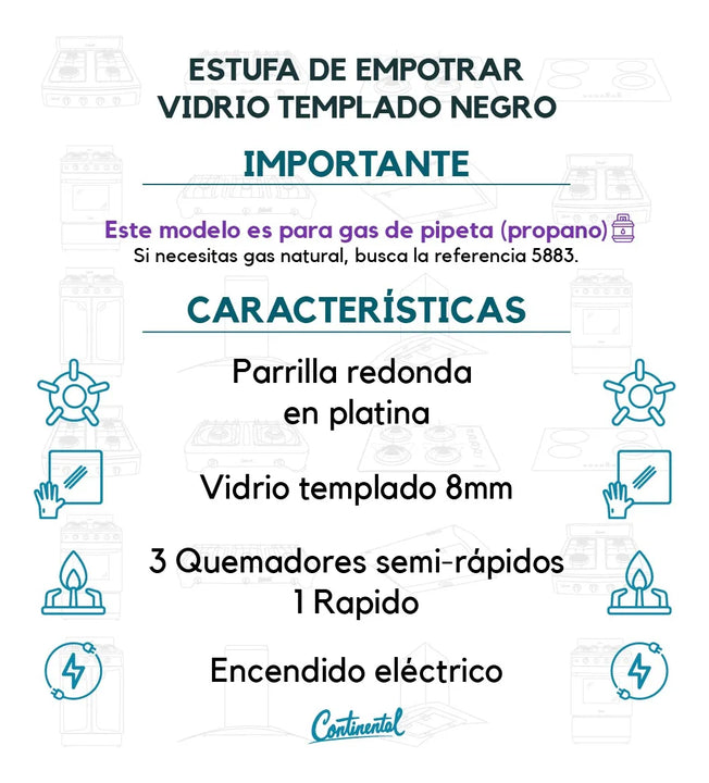 Estufa De Empotrar Vidrio Templado Negro Gas Propano 5890