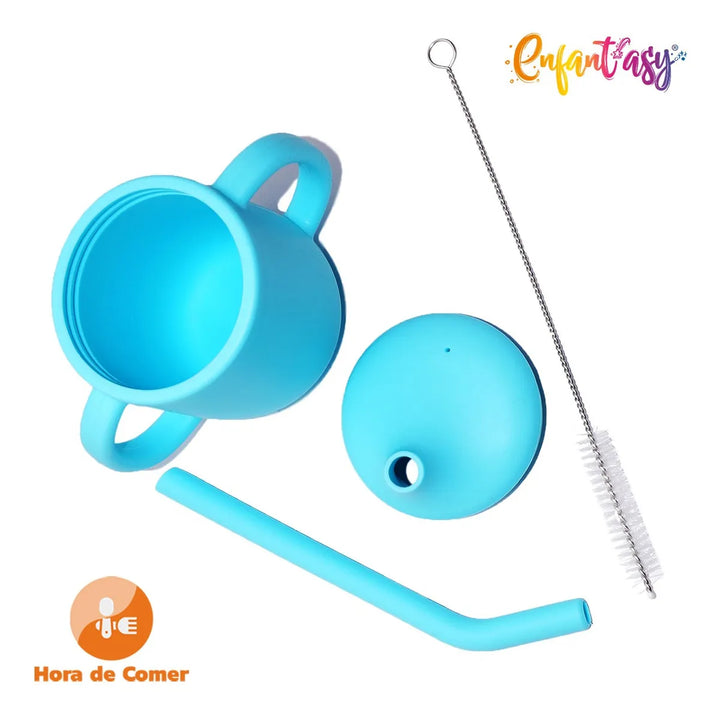 Vaso Pitillo Silicona Bebés Taza Entrenamiento Con Cepillo Color Celeste