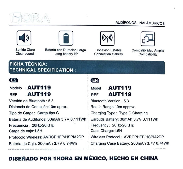 Fone de ouvido in-ear sem fio 1Hora In-Ear AUT119 AUT119 fucsia