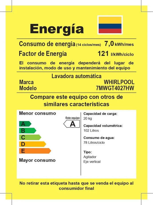 Torre De Lavado Whirlpool A Gas He 20kgs - Blanca 7mwgt4027h Color Blanco