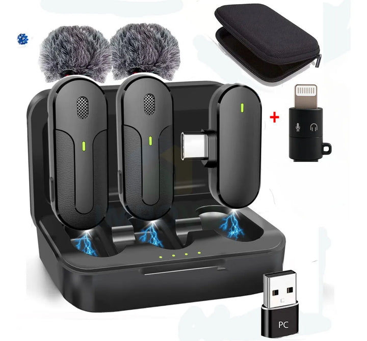 Micrófono Inalambrico Solapa Color Negro Conexión USB tipo C Portátil Iphone Android Compatible Apple Filtro Antipop Condensador Estuche Carga 3 en 1 Combo Duo