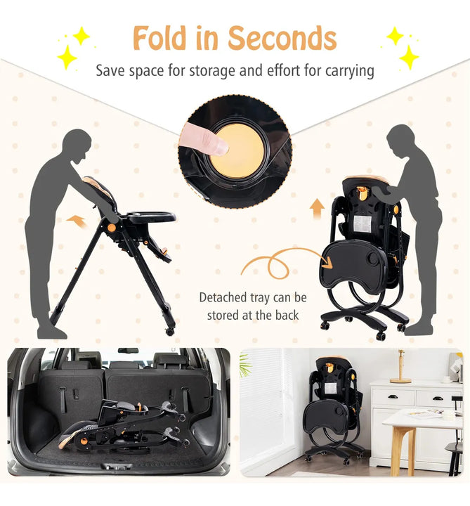 Silla Alta Plegable Ajustable Con Ruedas Para Bebés Negro