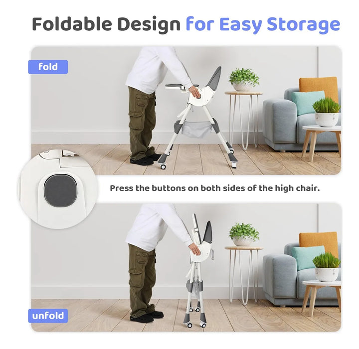 Silla Alta Plegable 6 En 1 Para Bebé Con Ruedas Ajustable