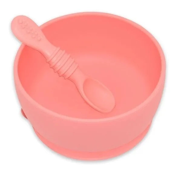Bowl De Silicona Con Ventosa Y Cuchara Libre De Bpa Color Salmón