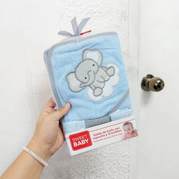 Set Salida De Baño Bebé Con Capucha + 3 Toallitas Suaves Azul Claro