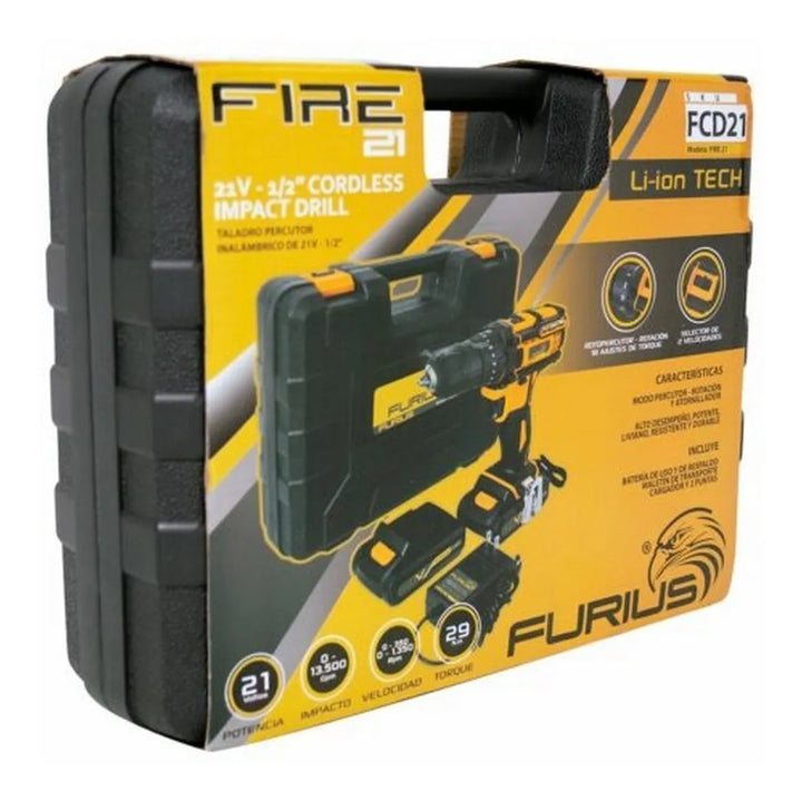 Taladro Percutor Inalambrico 1/2 21v Furius Fcd21 + Maleta Naranja