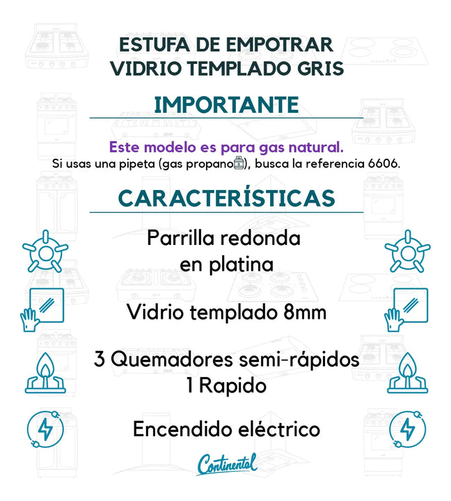 Estufa De Empotrar Vidrio Templado 62x52cm Gas Natural 6583 Color Gris