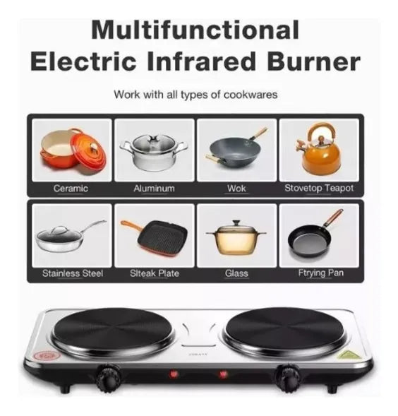 Estufa Eléctrica De 2 Puestos 2000w Plateado