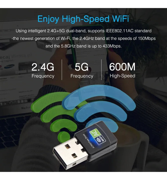 Adaptador Wifi Usb 5g Tarjeta Red Pc Ac 600 Doble Banda