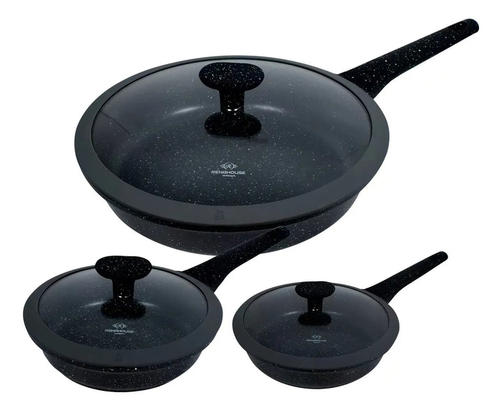 Juego De Sartenes En Mármol Renahouse Tapa De Vidrio 6 Pcs Color Negro