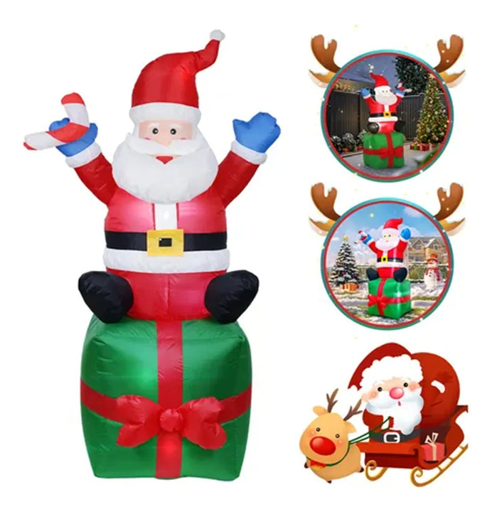 Adorno Navideño Santa Con Regalo Inflable Jardín Con Luces Blanco