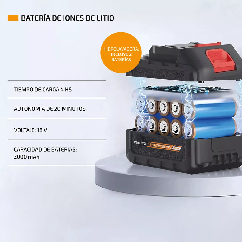 Hidrolavadora Electrica Inalambrica Pistola Lavado Portatil 2 Baterías 2000 mAh c/u