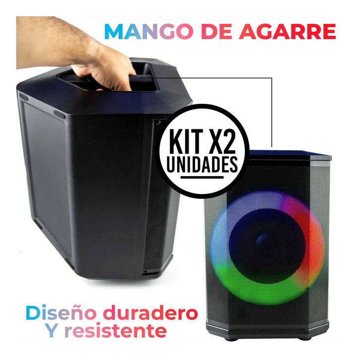Set x2 Bafles Recargables 8" 30W Con Micrófono, Radio FM, Luces LED y Bluetooth Sonido Potente y Portátil Ideal Para Fiestas, Reuniones o Eventos en Casa o al Aire Libre