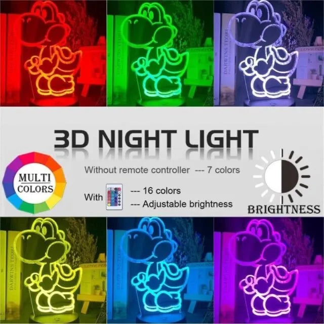 Lámpara De Noche Led 3d Mario Bros Yoshi Holograma Regalo Negra