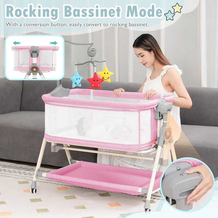 Cuna Mecedora 3 En 1 Para Bebé Rosa Con Música Y Almacenamie