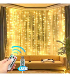 Cortina Serie De Luces Cascada Navideñas 300 Led 3x3 Usb Amarillo