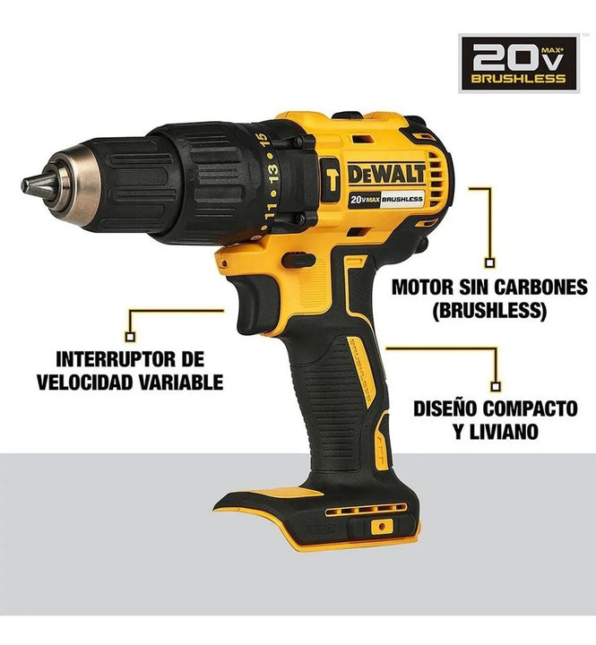 Taladro Percutor 1/2+ 2 Baterias + Kit De Accesorios Dewalt Amarillo
