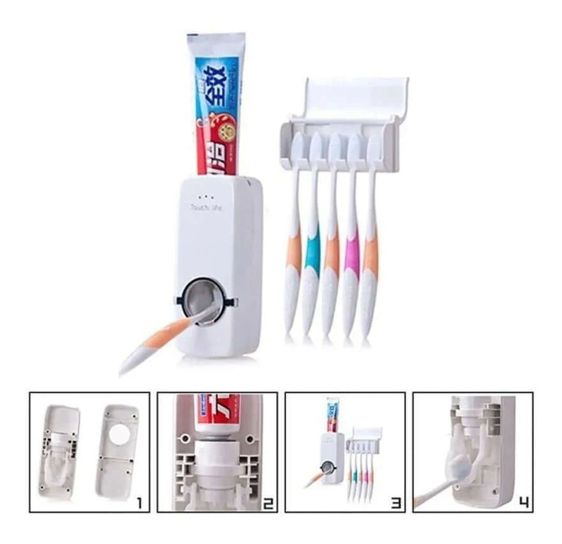 Dispensador Dosificador De Crema Dental + 5 Porta Cepillos