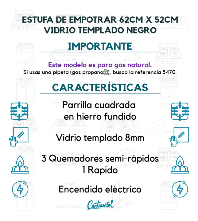 Estufa De Empotrar Vidrio Parrilla Hierro Fundido 5487 Gas Natural