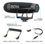 Micrófono Condensador Super Cardioide Boya BM2021 Tipo Shotgun Para Cámaras DSLR Videocámara Celular PC Alto Rendimiento De Sonido Micrófono Profesional Plug & Play Peso Ligero Super Compacto Práctico
