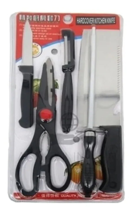Kit X5 Utensilio Cocina Cuchillo Pelador Tijeras Chaira Hach Negro