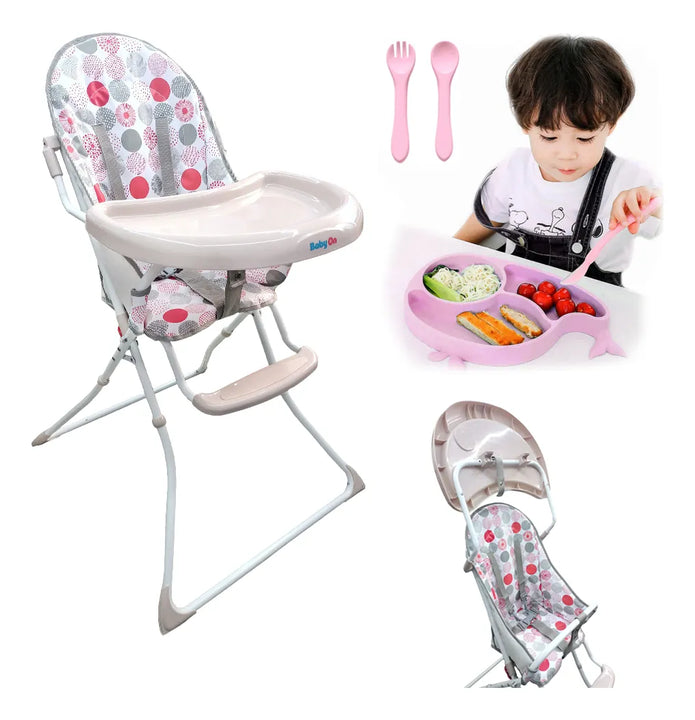 Silla Comedor Bebe Niño + Plato Y Cubiertos En Silicona Color Rosa