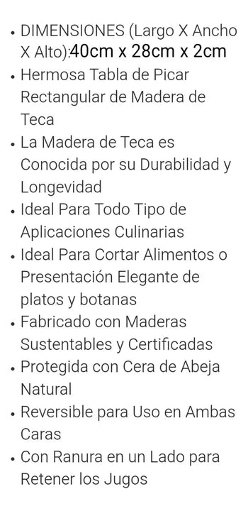 Tabla Picar Servir Teca Profesional Sellada Cera Abeja 28x40 Lisa Marrón